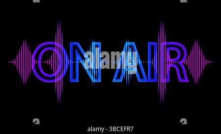 An illuminated ON AIR sign with a glowing red dot and colorful soundwave graphic on a black background, indicating a live broadcast Stock Vector