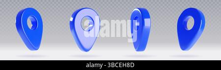 3D map pins set isolated on transparent background. Vector realistic illustration of blue gps navigator icons with soft shadows, travel app destination marks, delivery address symbol, tourism route Stock Vector