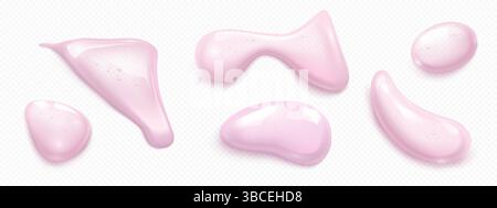 Translucent pink gel drops set - smooth abstract shapes collection with realistic highlights, shadows from round clear liquid blobs. Shiny glossy 3d oval, various form isolated on transparent backdrop Stock Vector