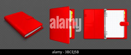 Red binder folder with organizer set - closed leather notebook, open diary planner with empty squared grid pages, elastic strap bookmark dividers. Realistic 3d office stationery branding mockup. Stock Vector