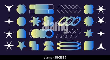 Y2k era gradient shape set - stars and spirals, circles, rounded rectangles and sunbursts in blue and green pastel colors. Retro 2000s vector elements for nostalgic design or abstract backgrounds. Stock Vector