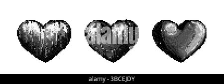 Y2k pixel heart icons in black and white grayscale. Retro 8 bit style love icons in nostalgic 90s aesthetic. Romantic symbols for simple digital art valentines day card. Old school gamer emoticon. Stock Vector