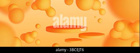 Abstract orange background with floating podium stages - bright tangerine colored metaballs, organic blobs, fluid shapes scattered around cylinder pedestals. Vibrant 3d geometric composition. Stock Vector