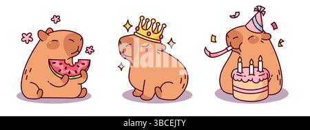 Cute capybara cartoon drawings - chubby rodent eating watermelon, adorable animal celebrating birthday and blowing candles on cake, joyful creature with crown on head. Kawaii funny cheerful capibara. Stock Vector