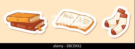 Four autumn stickers painted in warm fall colors. Stack of books, diary, wool socks. Stock Vector