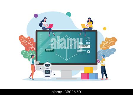 Scene of 3D modeling class illustration. 3D modeling education concept. Stock Vector