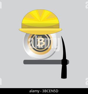 Bitcoin symbol with hard hat and pick axe, crypto mining concept Stock Vector