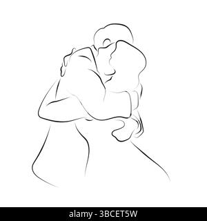 bride and groom hugging on their wedding illustration vector hand drawn with black lines isolated on white background. Stock Vector