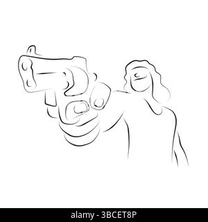 smiling man holding pistol gun to shoot illustration vector hand drawn with black lines isolated on white background. Stock Vector