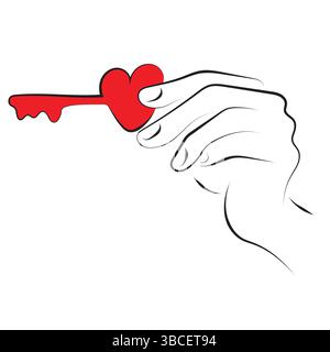 closeup hand holding red love key illustration vector hand drawn with black lines isolated on white background. Stock Vector