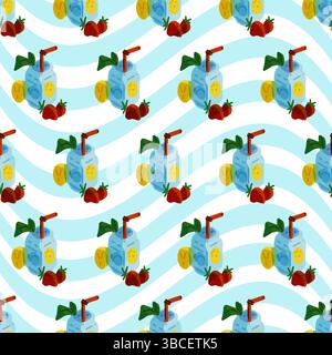 Seamless pattern with lemonade, strawberries and mint leaves on striped blue and white background. Stock Vector