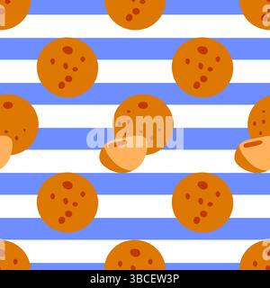 Seamless pattern with whole and sliced oranges on blue and white striped background, playful style. Stock Vector