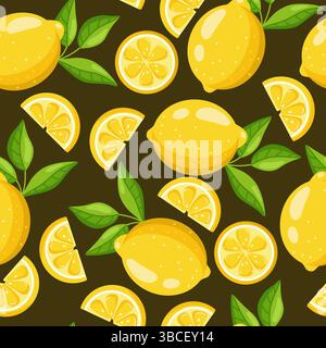 Seamless pattern with lemons on a dark background  Stock Vector