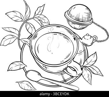 Cup of Tea and Tea Leaves Outline Illustration. Stock Vector