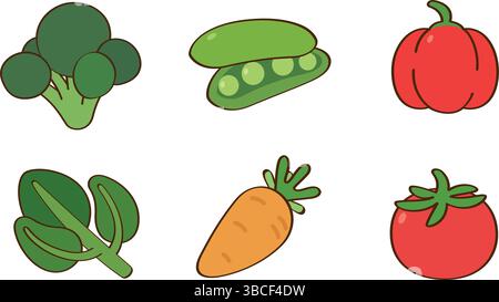 A collection of common vegetables includes broccoli, peas in a pod, a red bell pepper, kale, a carrot, and a tomato. Stock Vector