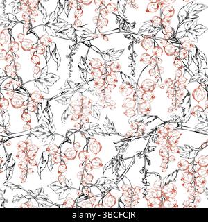 Currant gooseberry with long flower clusters, green leaves, garden berry hanging on branches. Isolated seamless pattern hand drawn in vector ink Stock Vector