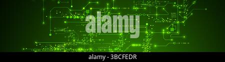 Digital circuit visualization vector background.  Green board pattern with interconnected lines, nodes, and binary code. Stock Vector