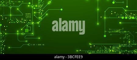 Digital circuit visualization vector background.  Green board pattern with interconnected lines, nodes, and binary code. Stock Vector