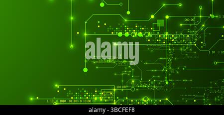 Digital circuit visualization vector background.  Green board pattern with interconnected lines, nodes, and binary code. Stock Vector