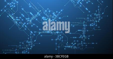 Digital circuit visualization vector background.  Blue board pattern with interconnected lines, nodes, and binary code. Stock Vector