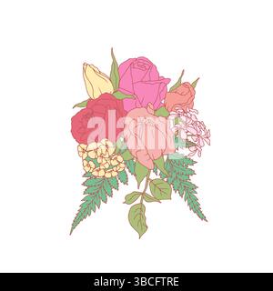Hand drawn line art retro palette rose and geranium flowers bouquet isolated on white background Stock Vector