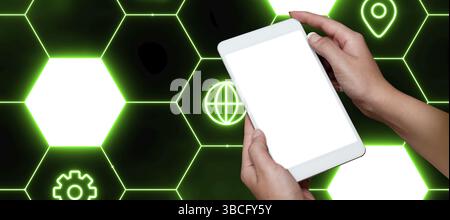 Man sitting at the table with laptop. Big white speech bubble for text overhead. Empty Dialog box on bright colored background. drawing illustration Stock Photo