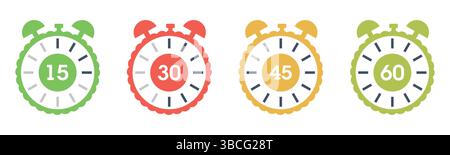 Colorful Timer Icons – 15, 30, 45, 60 Minute Stopwatch Clock Symbols Stock Vector