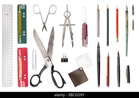 Collection of old used office, drawing tools, isolated on white Stock Photo
