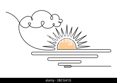 Sunset and cloud continuous one line drawing of minimalist outline vector design Stock Vector