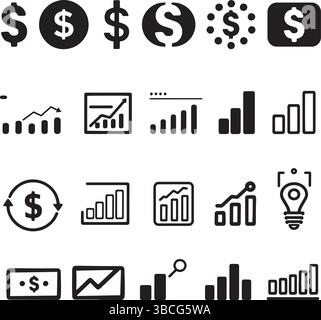Business and Finance Analysis Icon Set – Black Symbols on White Background Stock Vector