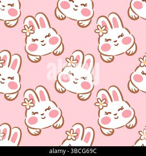 A seamless pattern featuring cute kawaii bunny faces on a soft pink background. The bunnies have expressive eyes and cheerful smiles, creating a playf Stock Vector