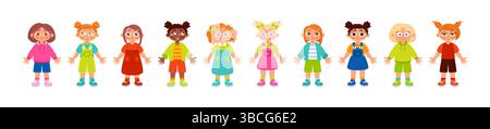 Vector illustration of nine diverse children standing in a row, each with unique clothing and hairstyles, showcasing a variety of colors and styles. Stock Vector
