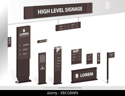 Wayfinding system 3D signage mockup set Direction signs Exterior and interior way finding design. Stock Vector