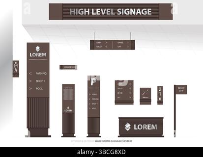 Wayfinding system signage mockup set Direction signs Exterior and interior way finding design. Stock Vector