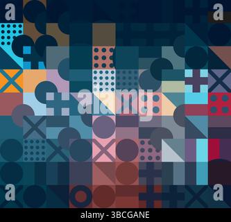 Abstract geometric background with overlapping shapes: circles, squares,dots and crosses Stock Vector