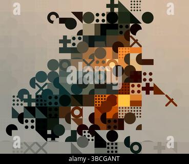 Abstract geometric background with overlapping shapes: circles, squares,dots and crosses Stock Vector