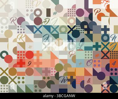 Abstract geometric background with overlapping shapes: circles, squares,dots and crosses Stock Vector