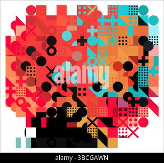 Abstract geometric background with overlapping shapes: circles, squares,dots and crosses Stock Vector