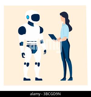 Vector illustration of a woman interacting with a humanoid robot for technology concepts. Stock Vector