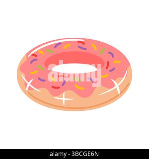 This vector illustration showcases a colorful donut-shaped inflatable pool float featuring pink icing and sprinkles. Perfect for summer fun, it adds a Stock Vector