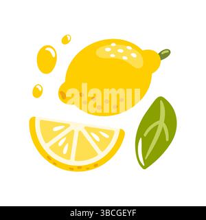 Vibrant lemon illustration featuring whole fruit, slices, and green leaves for culinary and design use. Stock Vector