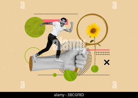 Trend poster collage of person stand run hand hold magnifying glass flower on pastel background Stock Photo