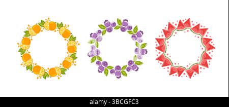 Three round frames creatively designed with vibrant oranges, juicy blueberries, and fresh watermelon slices. This colorful composition adds a playful Stock Vector