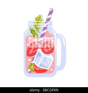 Refreshing strawberry lemonade in a clear glass mug, garnished with berry slices and mint leaves, topped with ice cubes, served with a colorful straw. Stock Vector