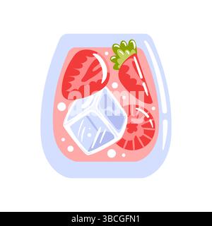 Refreshing strawberry lemonade in a clear glass, garnished with fruit pieces and mint leaves, topped with ice cubes, served with a colorful straw. Per Stock Vector