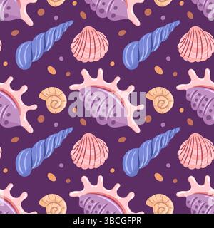 A seamless pattern featuring an assortment of beautifully detailed seashells, showcasing various shapes and sizes, delicately arranged with soft ocean Stock Vector