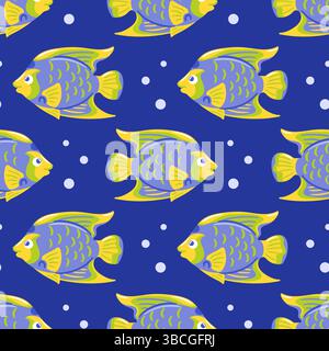 A seamless pattern featuring the vibrant queen angelfish, showcasing its bright blue and yellow colors, elegant fins, and intricate markings. Perfect Stock Vector