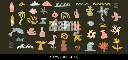 Boho summer elements collection with tropical symbols for design projects. Stock Vector