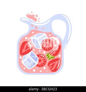 Refreshing strawberry lemonade in a glass pitcher, garnished with fruit slices and ice cubes. Perfect for a hot summer day. Vector illustration. Stock Vector