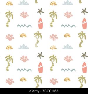 Boho summer pattern with palm trees, surfboards, and waves for creative design. Stock Vector